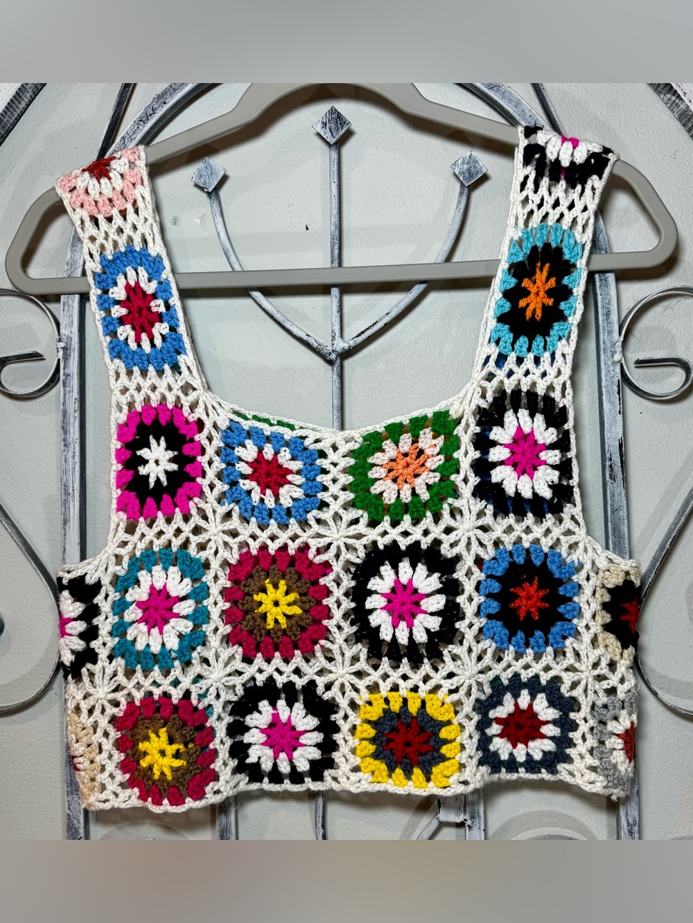 Crochet Granny Square Tank Top - Multicolor on Cream #1001